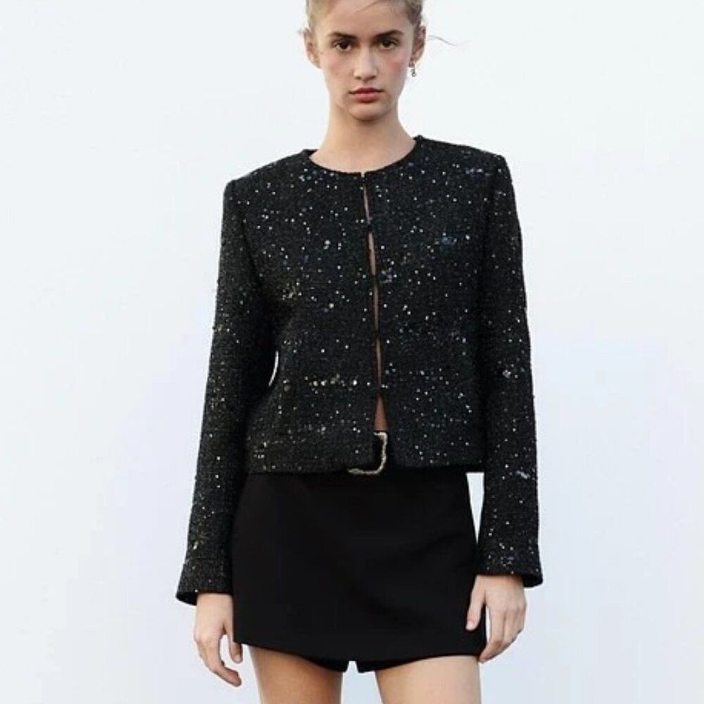 Zara Womens Sequin Blazer M Medium Jacket Black Silver Textured 9276/949 NWT